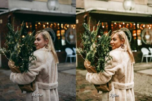 A model posing in a stylish winter outfit against a snowy backdrop, showcasing a chic holiday look suitable for influencers.
