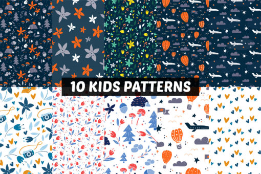 10 Colorful Kids Patterns, Fun Playful Vector Seamless Patterns