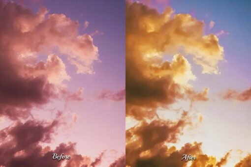 The vibrant sky is filled with dramatic colors, enhanced using Photoshop actions, perfect for social media posts and content creation.