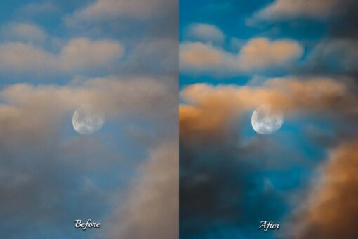 The cloudy sky transformed into a captivating scene with Photoshop actions, ideal for lifestyle and nature photography.