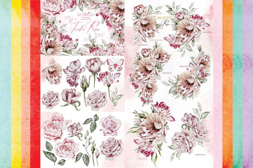 Elegant Floral Pink Roses Green Leaves, Bouquet, Watercolor