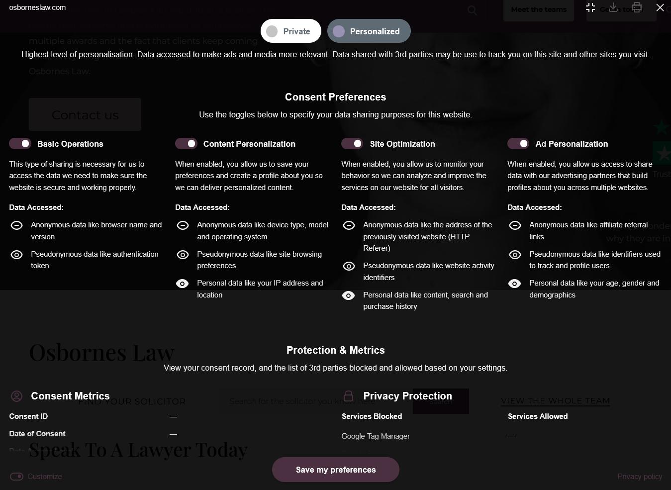 The Osbornes Law team has an extensive AI MarTech stack to measure and analyze data from the website, including Google Analytics, Unbounce, Hotjar, and others. They openly disclose this in the Cookies Policy and describe data tracking operations for content personalization in the cookie consent message.