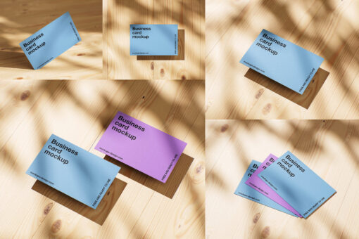 5 Colorful Business Card Mockups Wooden Background Sunlight
