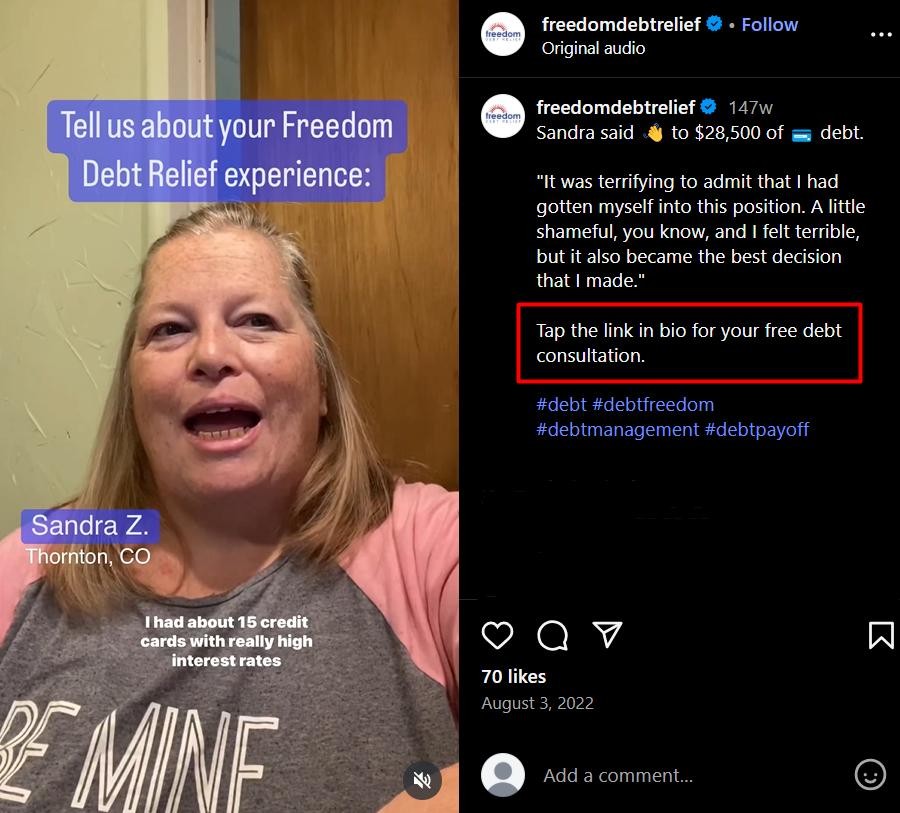 As part of a softer marketing approach, the debt-relief company shares video testimonials (superb UGC, by the way) and offers free debt consultations to potential clients.