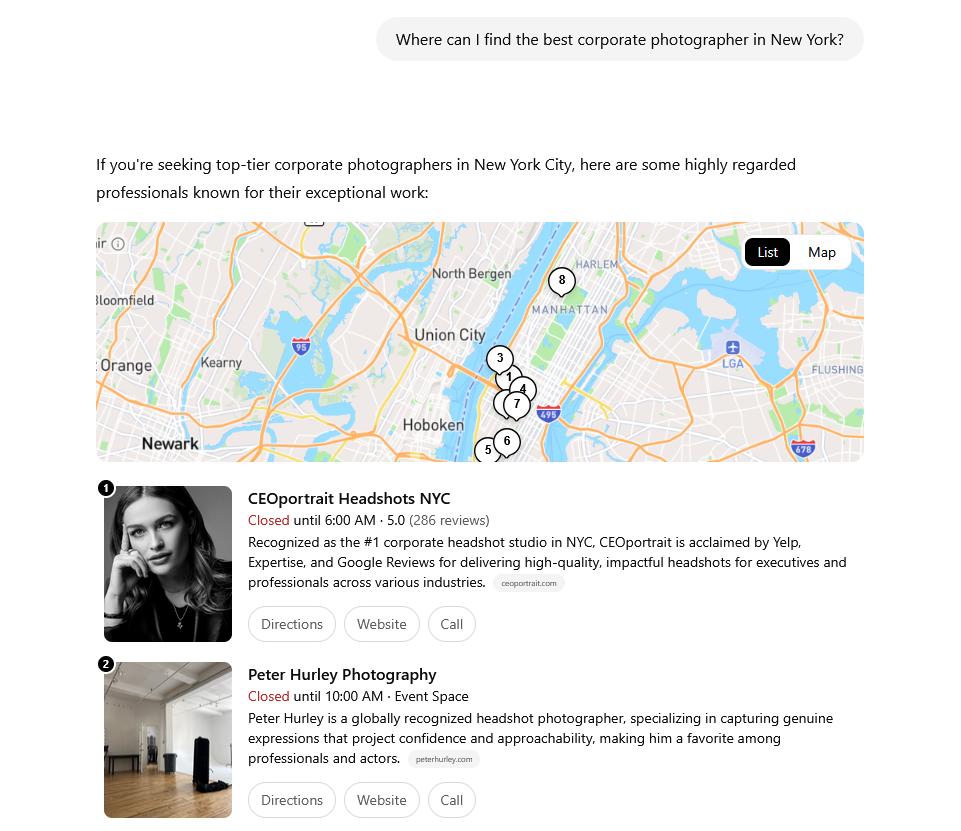When asking ChatGPT about a corporate photographer in New York, the first result is CEOportrait Headshots NYC. 