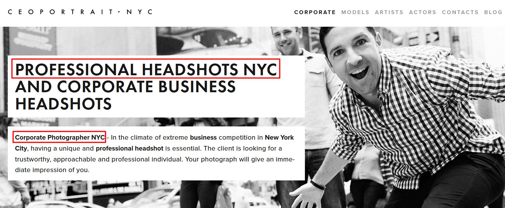 The page itself is well-optimized with local keywords, such as “a corporate photographer in NYC,” “the best corporate photographers in New York,” etc.