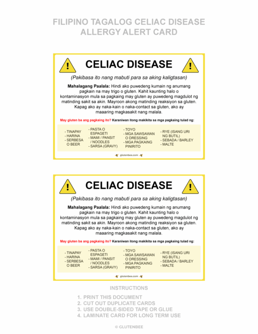 Filipino Tagalog Celiac Disease Printable Allergy Alert Card