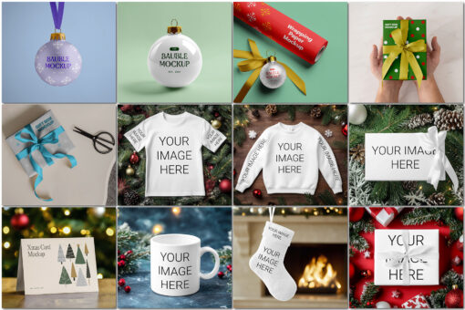 12 CHRISTMAS MOCKUPS, Ornaments, Cards, Clothing, PSD Template