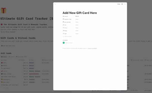 add new gift card notion template