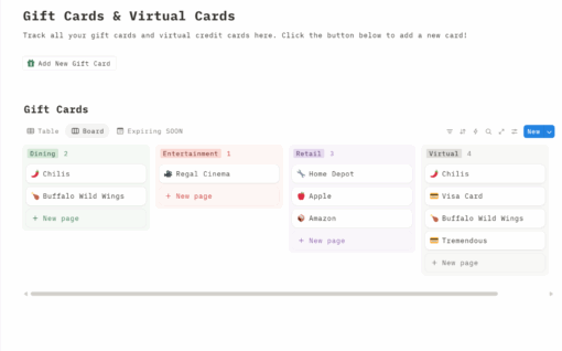 different views gift card tracker notion template
