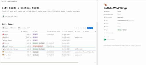 rewards info The Ultimate Gift Card Tracker Notion Template