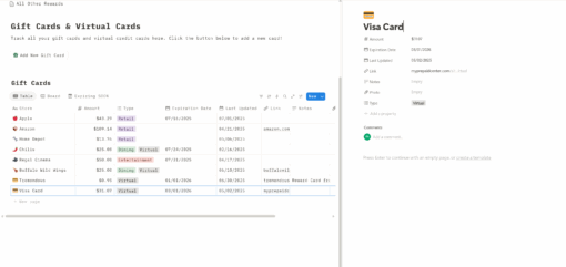 gift card info The Ultimate Gift Card Tracker Notion Template