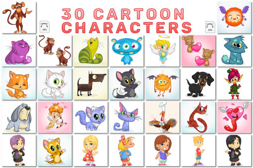 30 Cartoon Character Illustrations, Cute Animals, Kids Fantasy