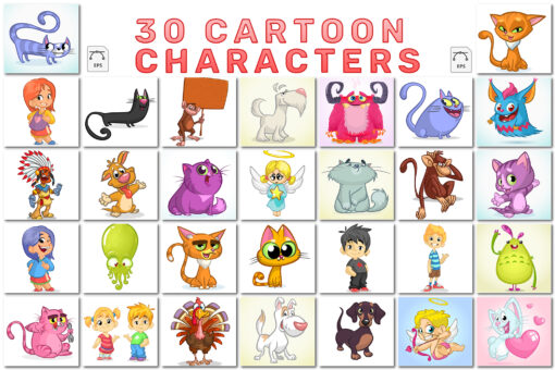 30 Cartoon Characters Illustrations, Cute Animals, Kids, Fantasy